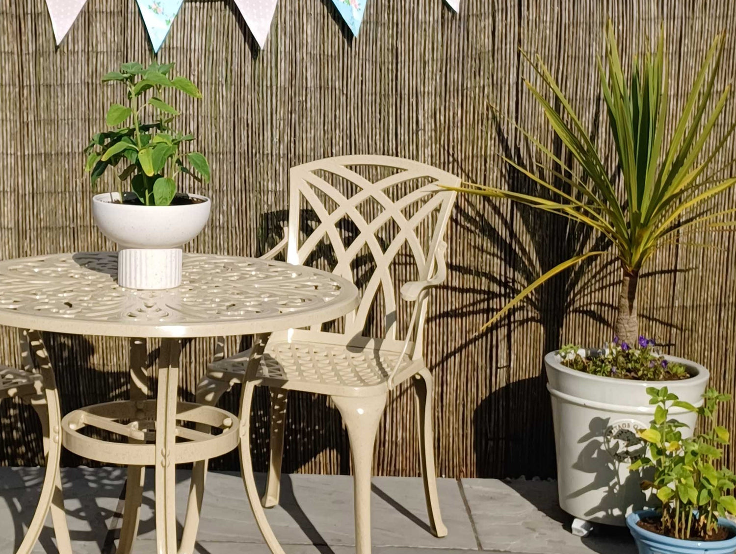 What plants complement a small garden table set?